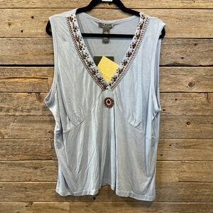 NWT Motto‎ Women's Blue Tank Top Shirt Blouse Beaded Collar V-Neck Size 3X